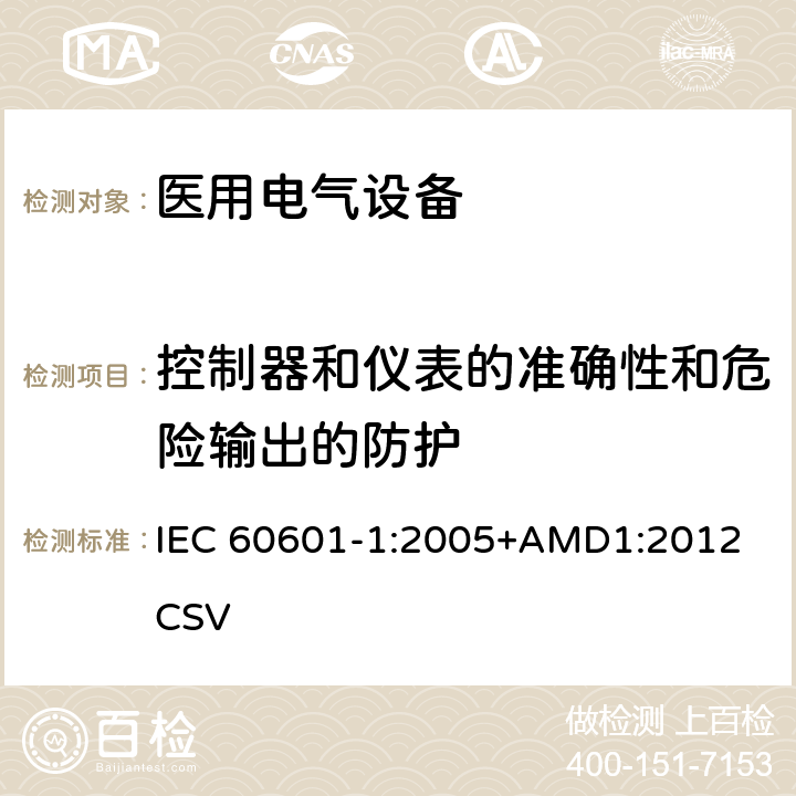 控制器和仪表的准确性和危险输出的防护 医用电气设备 第1部分：安全通用要求 IEC 60601-1:2005+AMD1:2012 CSV 12