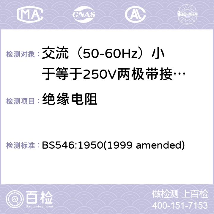 绝缘电阻 BS 546:19501999 交流（50-60Hz）小于等于250V两极带接地销插头、插座和插座适配器 BS546:1950(1999 amended) 35