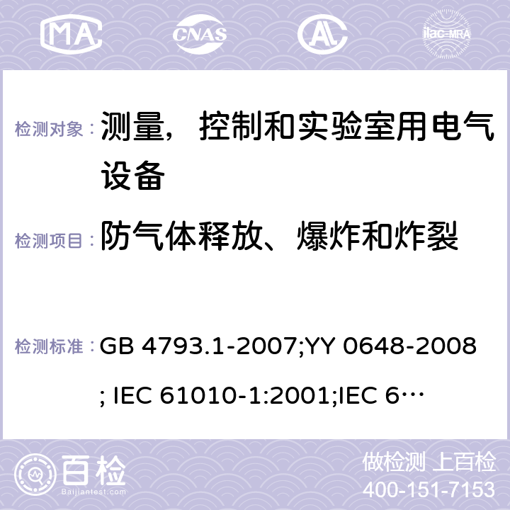 防气体释放、爆炸和炸裂 测量,控制和实验室用电气设备的安全要求-第1 部分:一般要求; 测量,控制和实验室用电气设备的安全要求 -第2-101 部分:体外诊断医疗设备的特定要求 GB 4793.1-2007;YY 0648-2008;
 IEC 61010-1:2001;
IEC 61010-2-101: 2002
IEC 61010-2-101:2018 条款13