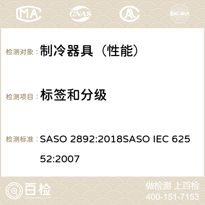 标签和分级 家用冰箱，冰箱冰柜和冰柜的标签、能源性能和容量 SASO 2892:2018
SASO IEC 62552:2007 6