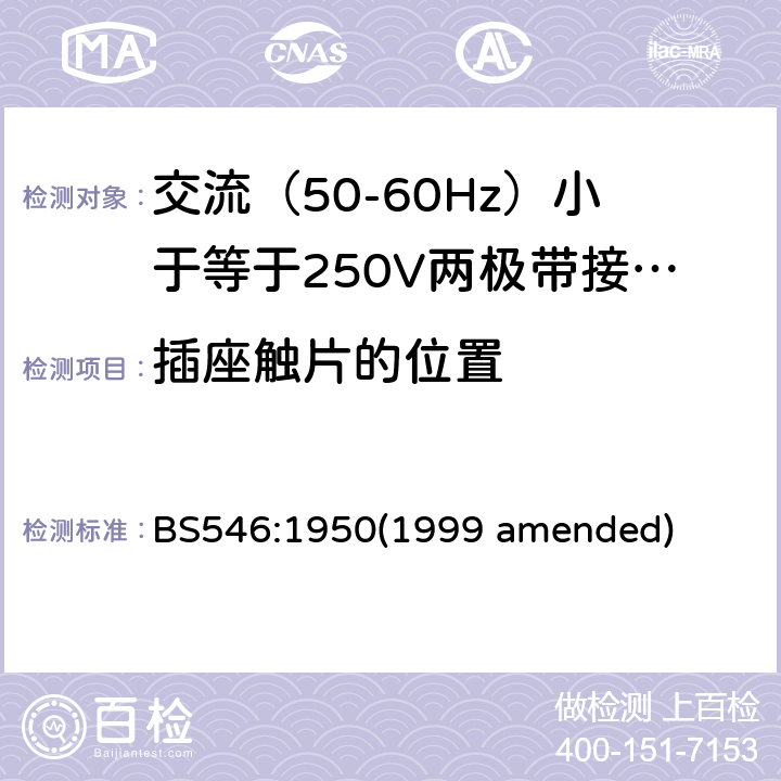 插座触片的位置 BS 546:19501999 交流（50-60Hz）小于等于250V两极带接地销插头、插座和插座适配器 BS546:1950(1999 amended) 4