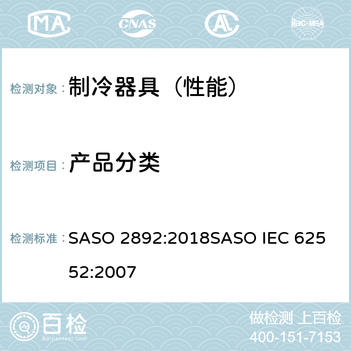 产品分类 家用冰箱，冰箱冰柜和冰柜的标签、能源性能和容量 SASO 2892:2018
SASO IEC 62552:2007 4