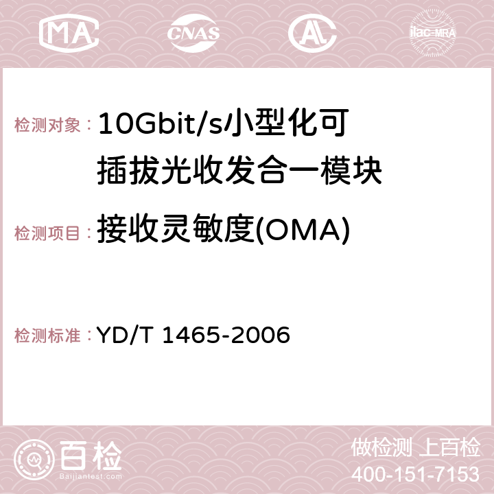 接收灵敏度(OMA) YD/T 1465-2006 10Gbit/s小型化可插拔光收发合一模块技术条件