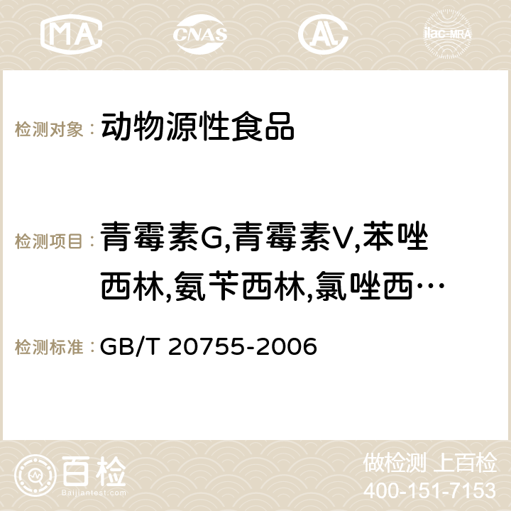 青霉素G,青霉素V,苯唑西林,氨苄西林,氯唑西林,阿莫西林 畜禽肉中九种青霉素类药物残留量的测定 液相色谱-串联质谱法 GB/T 20755-2006