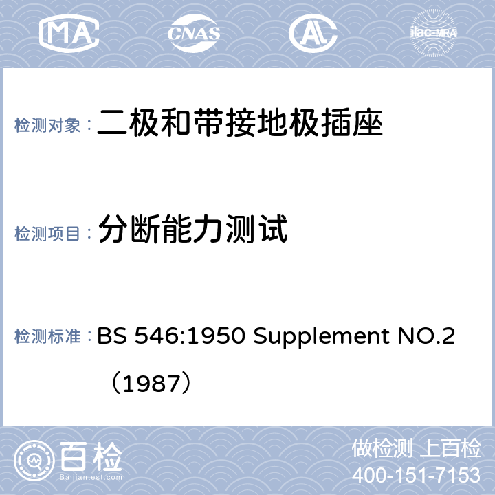 分断能力测试 两极和接地插脚插头、插座和插座适配器规格 BS 546:1950 Supplement NO.2（1987） 38