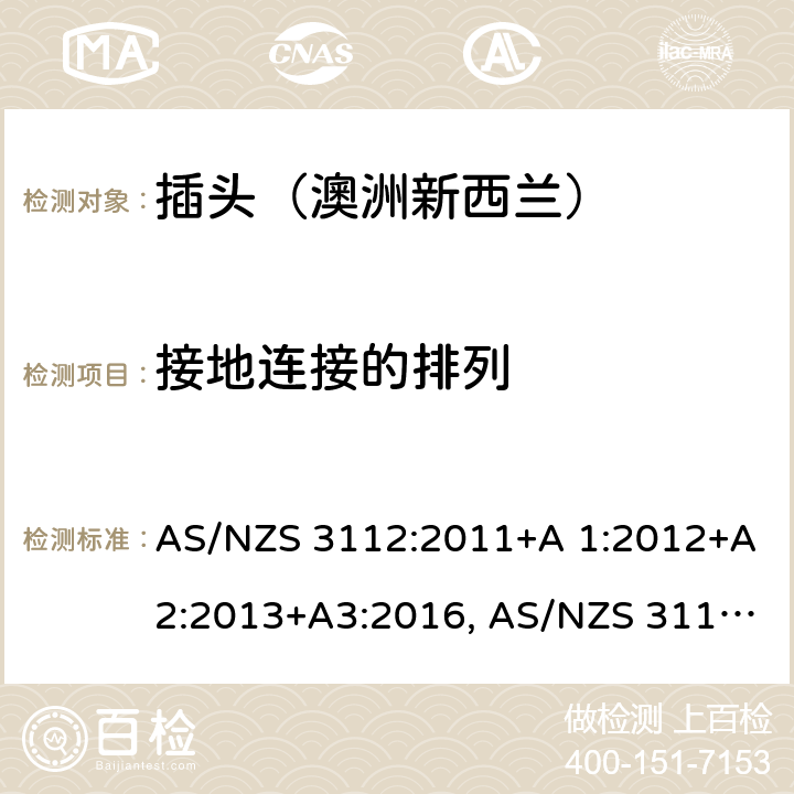 接地连接的排列 认可和试验规范-插头和插座 AS/NZS 3112:2011+A 1:2012+A2:2013+A3:2016, AS/NZS 3112:2017 2.10