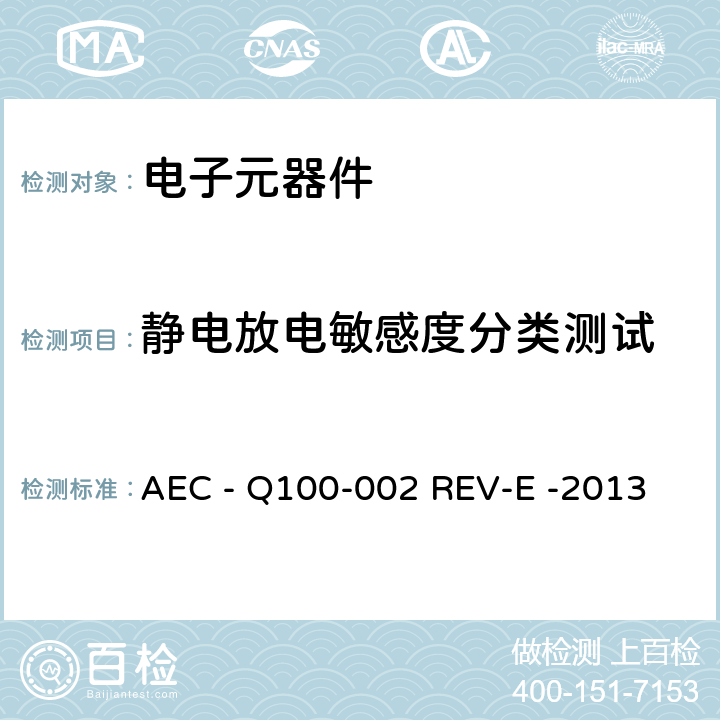 静电放电敏感度分类测试 人体模型静电放电试验 AEC - Q100-002 REV-E -2013