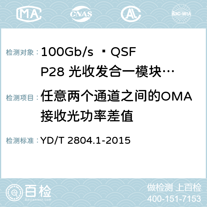 任意两个通道之间的OMA接收光功率差值 40Gbit/s/100Gbit/s强度调制可插拔光收发合一模块 YD/T 2804.1-2015 6.3.8