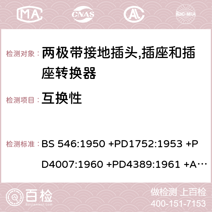 互换性 不超过250V 电路用两极带接地插头, 插座和插座转换器 BS 546:1950 +PD1752:1953 +PD4007:1960 +PD4389:1961 +AMD251:1969 +AMD2307:1977 +AMD4045:1982 +AMD5809:1987 +AMD6144:1989 +Supplement No. 1:1960 +Supplement No. 2:1987 +AMD8914:1999 条款 32