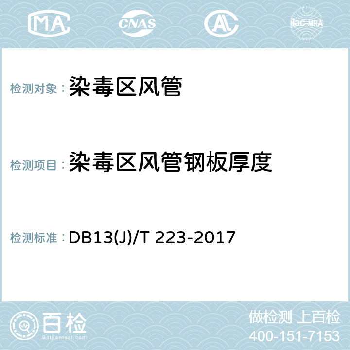 染毒区风管钢板厚度 《人民防空工程防护质量检测技术规程》 DB13(J)/T 223-2017 8.2.5