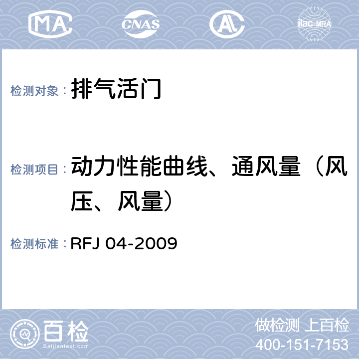 动力性能曲线、通风量（风压、风量） 《人民防空工程防护设备试验测试与质量检测标准》 RFJ 04-2009 第六章