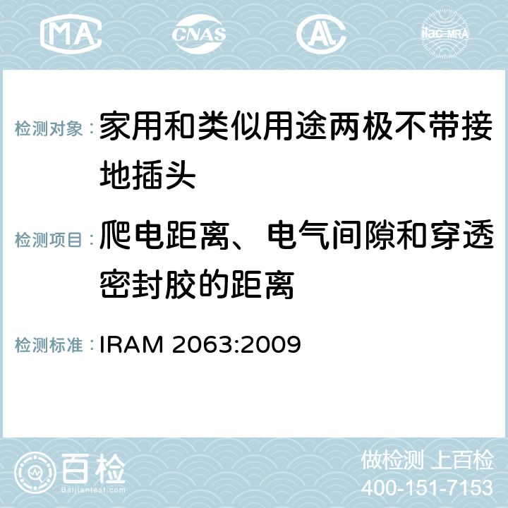 爬电距离、电气间隙和穿透密封胶的距离 家用和类似用途两极不带接地插头 额定10A 250V a.c. IRAM 2063:2009 条款 27