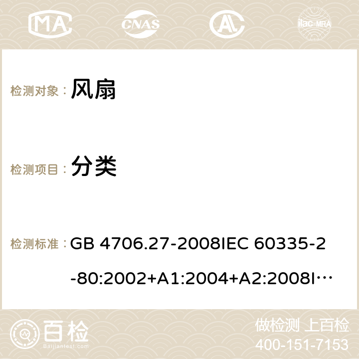 分类 家用和类似用途电器的安全 风扇的特殊要求 GB 4706.27-2008
IEC 60335-2-80:2002+A1:2004+A2:2008
IEC 60335-2-80:2015
EN 60335-2-80:2003+A1:2004+A2:2009 6