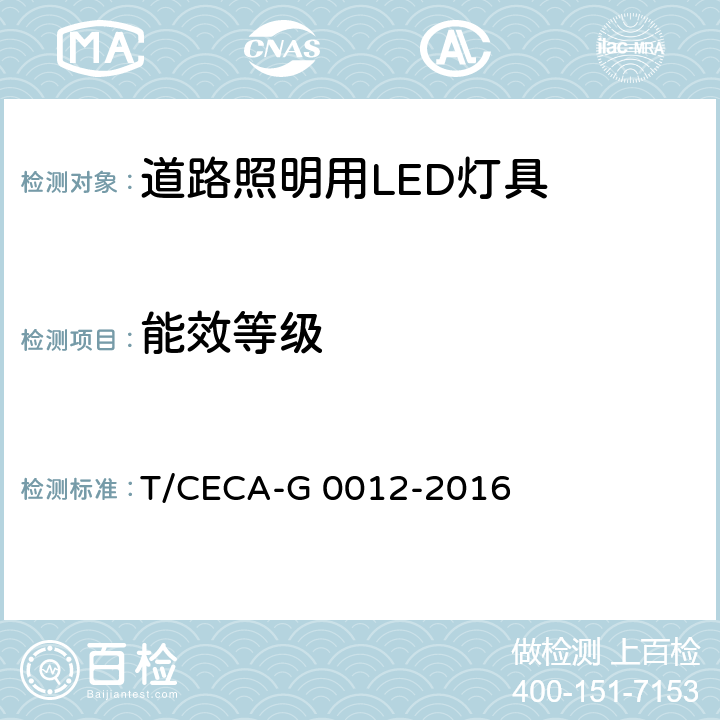 能效等级 道路照明用LED灯具能效限定值及能效等级 T/CECA-G 0012-2016 4.2