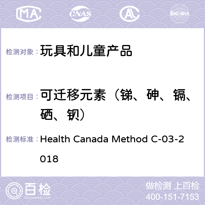 可迁移元素（锑、砷、镉、硒、钡） Health Canada Method C-03-2018 涂层中可迁移元素锑、砷、镉、硒、钡检测方法 