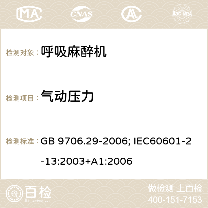 气动压力 医用电气设备 第2-13 部分：麻醉系统的安全和基本性能专用要求 GB 9706.29-2006; IEC60601-2-13:2003+A1:2006 条款10