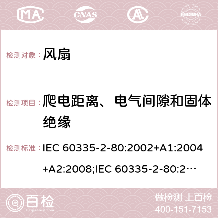 爬电距离、电气间隙和固体绝缘 家用和类似用途电器的安全　第2部分：风扇的特殊要求 IEC 60335-2-80:2002+A1:2004+A2:2008;
IEC 60335-2-80:2015; 
EN 60335-2-80:2003+A1:2004+A2:2009;
GB 4706.27-2008;
AS/NZS 60335.2.80:2004+A1:2009;
AS/NZS 60335.2.80:2016 29