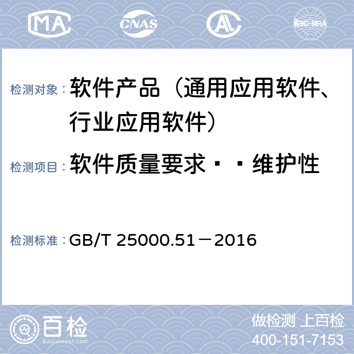 软件质量要求——维护性 系统与软件工程 系统与软件质量要求和评价（SQuaRE）第51部分：就绪可用软件产品（RUSP）的质量要求和测试细则 GB/T 25000.51－2016 5.3.7