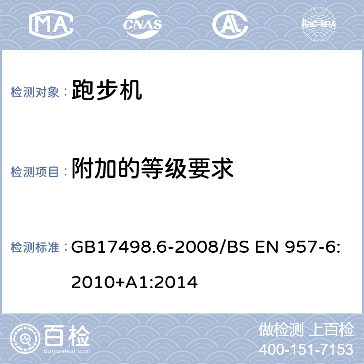 附加的等级要求 固定式健身器材 第6部分 跑步机 附加的特殊安全要求和试验方法 GB17498.6-2008/BS EN 957-6:2010+A1:2014 6.10/7.15