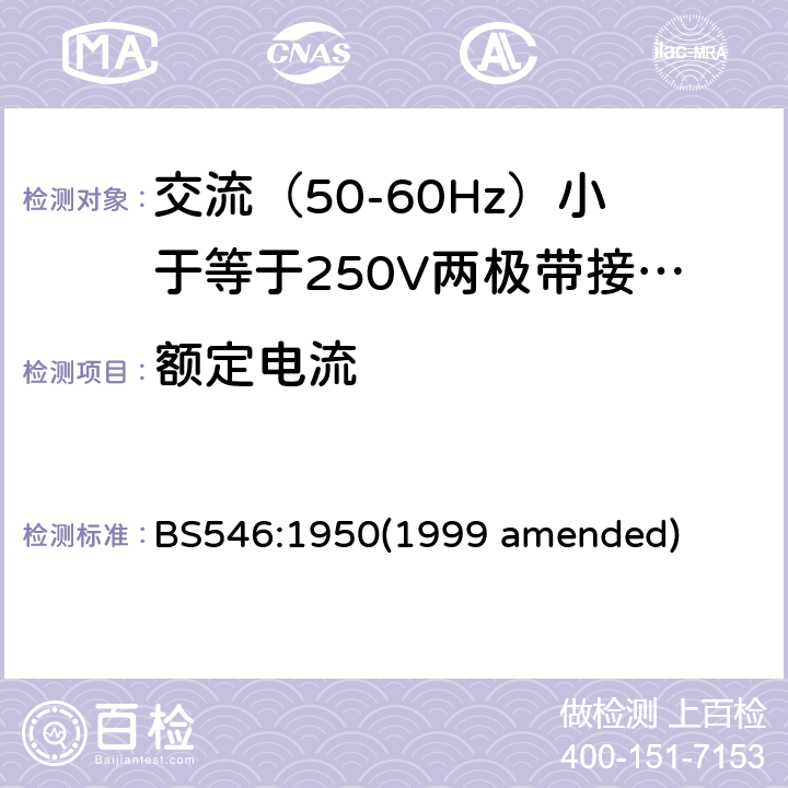 额定电流 交流（50-60Hz）小于等于250V两极带接地销插头、插座和插座适配器 BS546:1950(1999 amended) 6