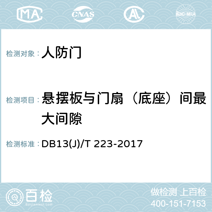 悬摆板与门扇（底座）间最大间隙 《人民防空工程防护质量检测技术规程》 DB13(J)/T 223-2017 7.3.7