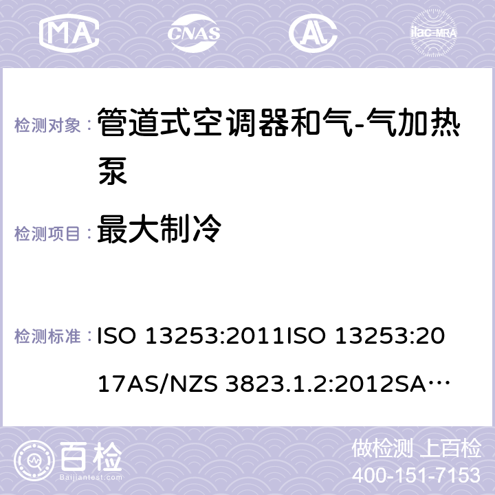 最大制冷 风管送风式空调(热泵)机组 ISO 13253:2011
ISO 13253:2017
AS/NZS 3823.1.2:2012
SASO GSO ISO 13253:2011
GSO ISO 13253:2009
GB/T 18836-2017 6.2