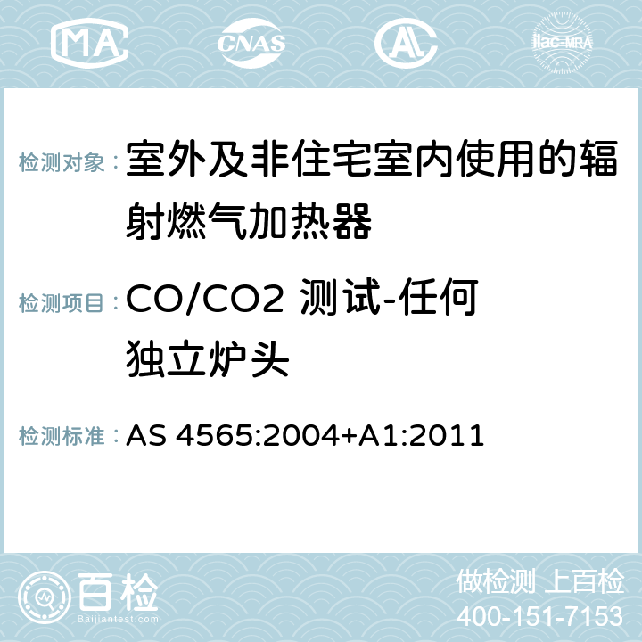 CO/CO2 测试-任何独立炉头 室外及非住宅室内使用的辐射燃气加热器 AS 4565:2004+A1:2011 4.2