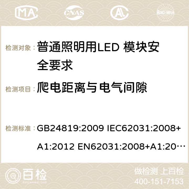 爬电距离与电气间隙 普通照明用LED 模块安全要求 GB24819:2009 IEC62031:2008+A1:2012 EN62031:2008+A1:2013 IEC62031:2008+A1:2012+A2:2014 EN62031:2008+A1:2013+A2:2015 IEC62031:2018 EN IEC62031:2020 16