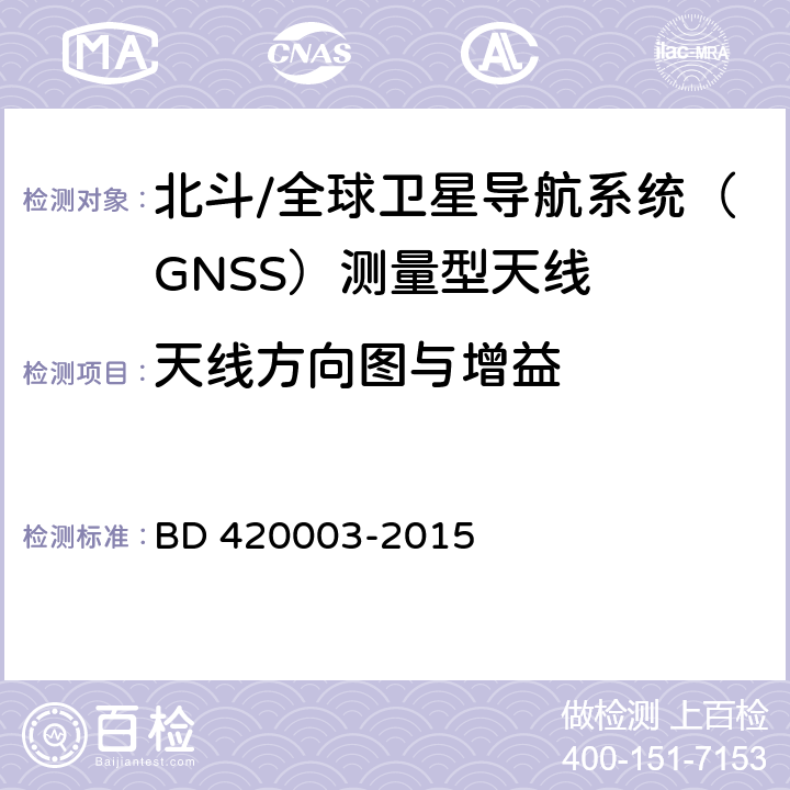 天线方向图与增益 北斗/全球卫星导航系统（GNSS）测量型天线性能要求及测试方法 BD 420003-2015 4.8