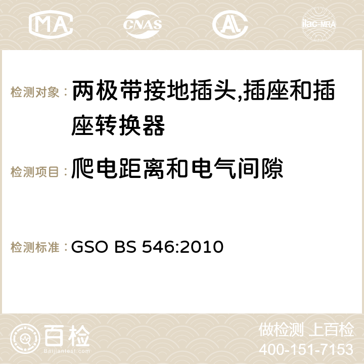 爬电距离和电气间隙 不超过250V 电路用两极带接地插头, 插座和插座转换器 GSO BS 546:2010 条款 11