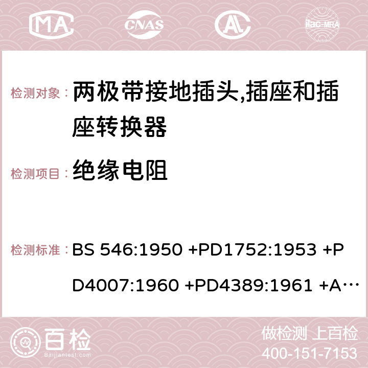 绝缘电阻 不超过250V 电路用两极带接地插头, 插座和插座转换器 BS 546:1950 +PD1752:1953 +PD4007:1960 +PD4389:1961 +AMD251:1969 +AMD2307:1977 +AMD4045:1982 +AMD5809:1987 +AMD6144:1989 +Supplement No. 1:1960 +Supplement No. 2:1987 +AMD8914:1999 条款 13