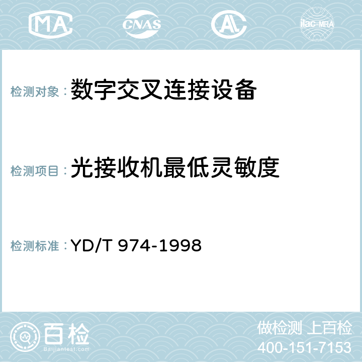 光接收机最低灵敏度 SDH数字交叉连接设备(SDXC)技术要求和测试方法 
YD/T 974-1998 10.8