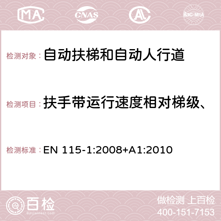 扶手带运行速度相对梯级、踏板或胶带实际速度的允差 EN 115-1:2008 自动扶梯和自动人行道安全规范 第1部分：制造与安装 +A1:2010 5.6.1