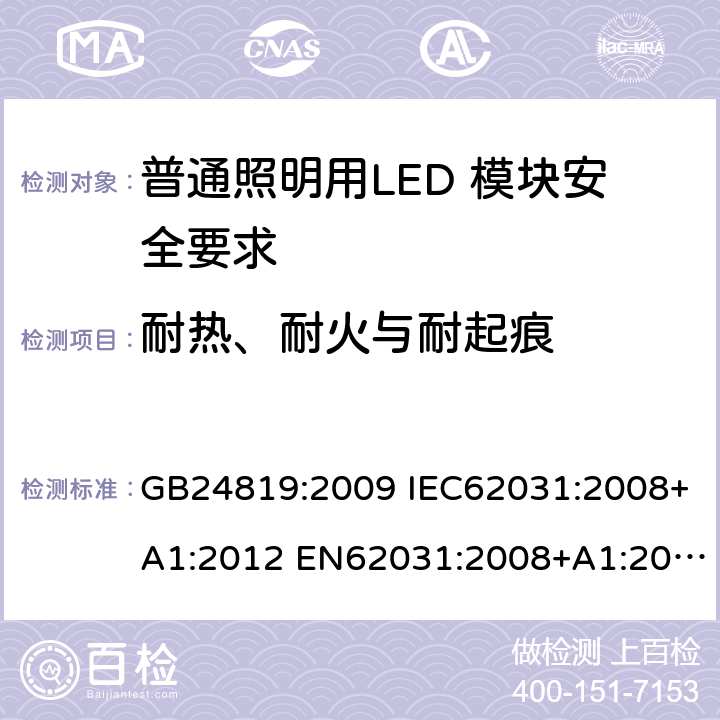 耐热、耐火与耐起痕 普通照明用LED 模块安全要求 GB24819:2009 IEC62031:2008+A1:2012 EN62031:2008+A1:2013 IEC62031:2008+A1:2012+A2:2014 EN62031:2008+A1:2013+A2:2015 IEC62031:2018 EN IEC62031:2020 18