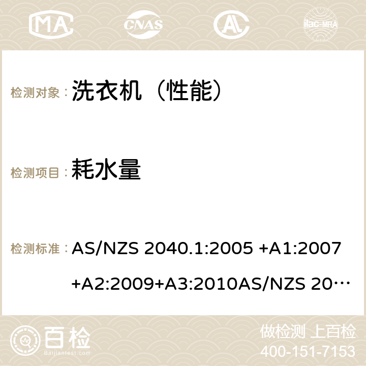 耗水量 家用电动洗衣机性能第1部分：测量方法-性能，能源和水消费 AS/NZS 2040.1:2005 +A1:2007+A2:2009+A3:2010
AS/NZS 2040.2:2005+A1:2012 附录E