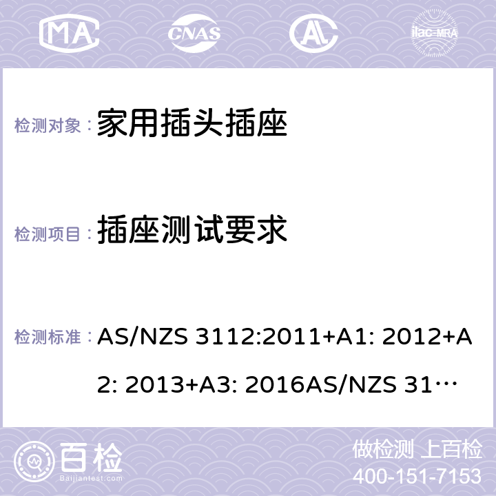 插座测试要求 家用插头插座测试方法 AS/NZS 3112:2011+A1: 2012+A2: 2013+A3: 2016
AS/NZS 3112:2017 3.14