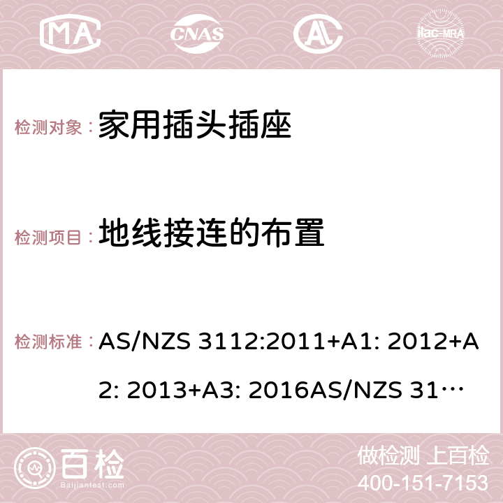 地线接连的布置 家用插头插座测试方法 AS/NZS 3112:2011+A1: 2012+A2: 2013+A3: 2016
AS/NZS 3112:2017 3.7