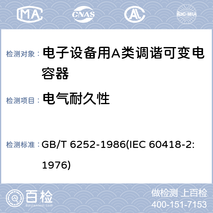 电气耐久性 电子设备用A类调谐可变电容器类型规范 GB/T 6252-1986(IEC 60418-2:1976) 29.2