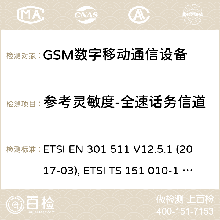 参考灵敏度-全速话务信道 全球移动通信系统（GSM）；移动台（MS）设备；涵盖基本要求的协调标准第2014/53/EU号指令第3.2条 ETSI EN 301 511 V12.5.1 (2017-03), ETSI TS 151 010-1 V13.11.0 (2020-02) 4.2.42