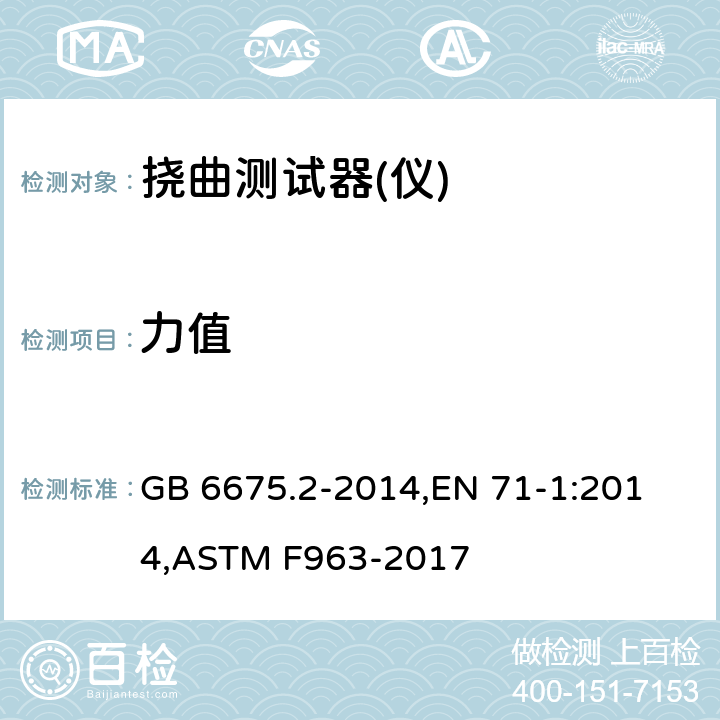 力值 玩具安全第二部分：机械与物理性能,欧洲玩具安全标准,玩具安全标准消费者安全规范 GB 6675.2-2014,
EN 71-1:2014,ASTM F963-2017
 5.24.8,8.13,8.12