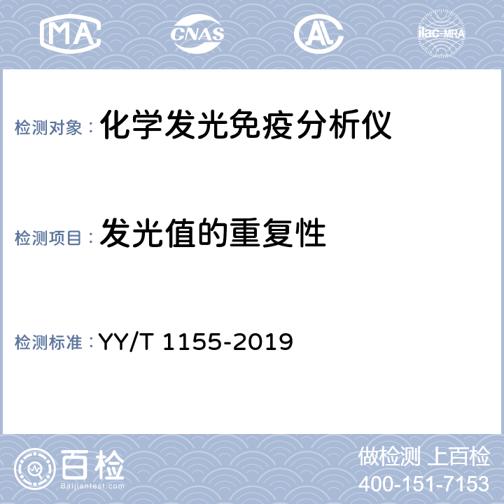 发光值的重复性 全自动发光免疫分析仪 YY/T 1155-2019 5.4.3