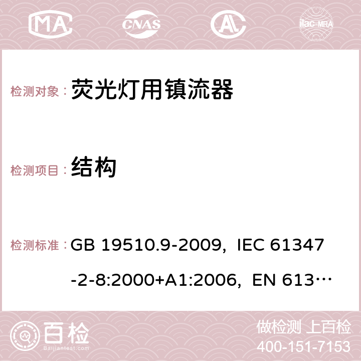 结构 灯的控制装置 第9部分:荧光灯用镇流器的特殊要求 GB 19510.9-2009, IEC 61347-2-8:2000+A1:2006, EN 61347-2-8:2001+A1:2006, AS/NZS 61347.2.8:2003 17