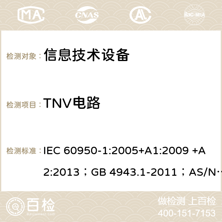 TNV电路 信息技术设备 安全 第1部分：通用要求 IEC 60950-1:2005+A1:2009 +A2:2013；GB 4943.1-2011；AS/NZS 60950.1:2015；BS EN 60950-1:2006+A1:2010 +A12:2011+A2:2013；EN 60950-1:2006+A11:2009+A1:2010+A12:2011+A2:2013 2.3