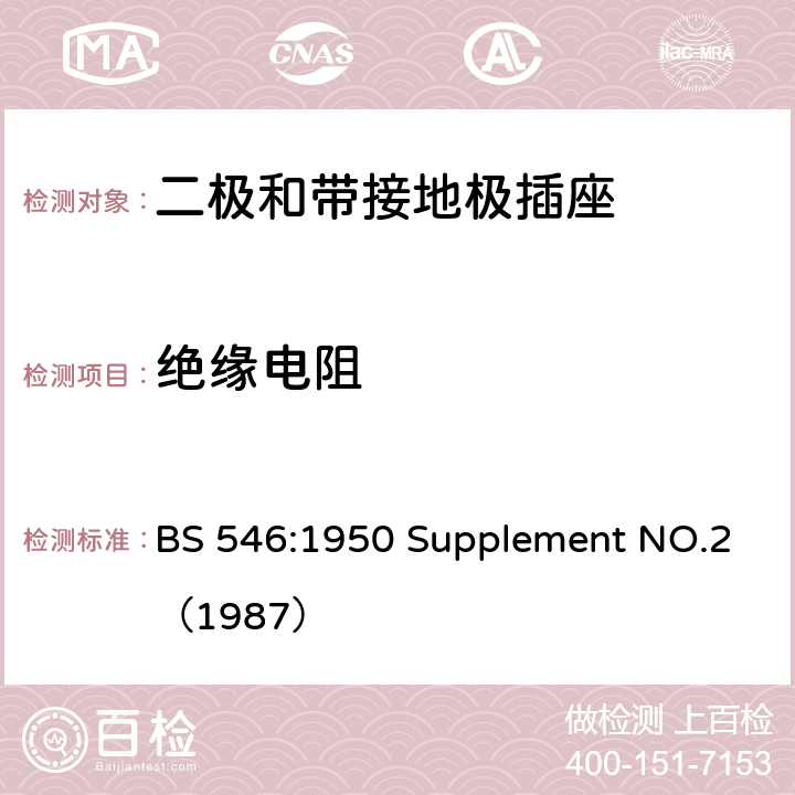 绝缘电阻 两极和接地插脚插头、插座和插座适配器规格 BS 546:1950 Supplement NO.2（1987） 35