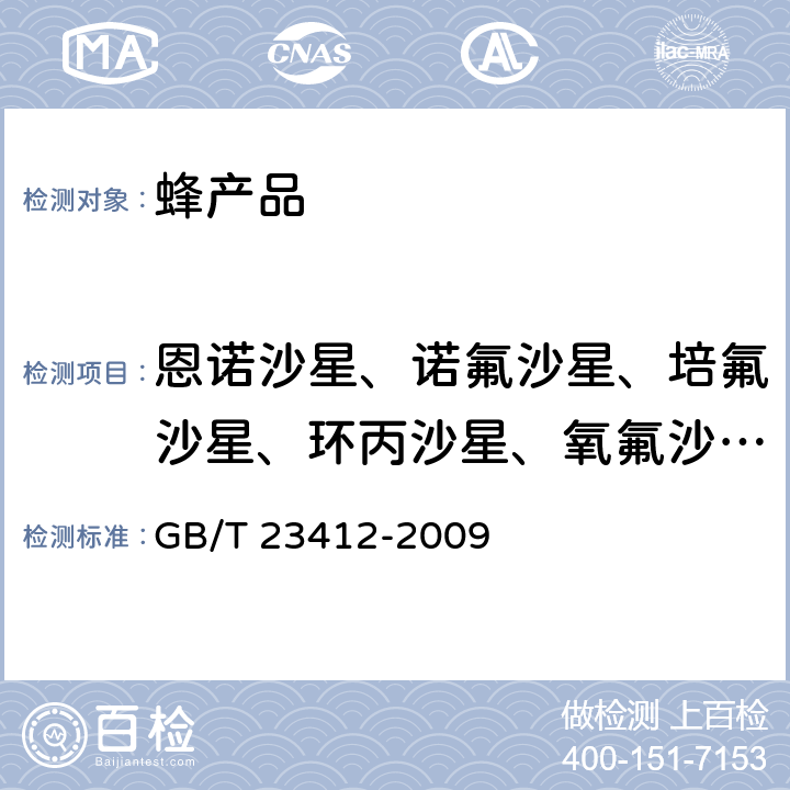 恩诺沙星、诺氟沙星、培氟沙星、环丙沙星、氧氟沙星、沙拉沙星、依诺沙星、洛美沙星 蜂蜜中19种喹诺酮类药物残留量的测定方法.液相色谱-质谱/质谱法 GB/T 23412-2009