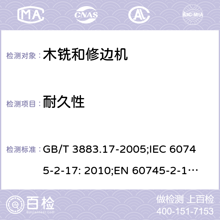 耐久性 手持式电动工具的安全 第2 部分: 木铣和修边机的专用要求 GB/T 3883.17-2005;
IEC 60745-2-17: 2010;
EN 60745-2-17:2010
AS/NZS 60745.2.17:2011 17