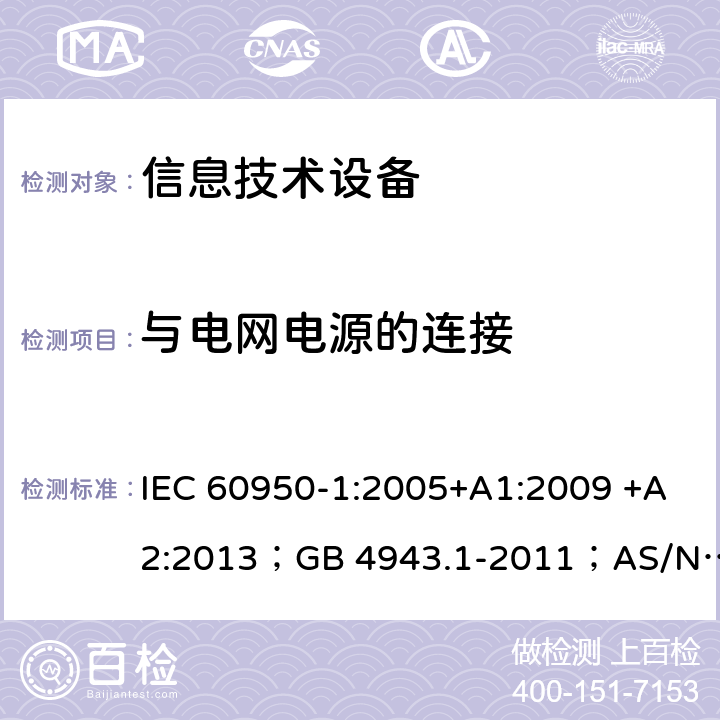 与电网电源的连接 信息技术设备 安全 第1部分：通用要求 IEC 60950-1:2005+A1:2009 +A2:2013；GB 4943.1-2011；AS/NZS 60950.1:2015；BS EN 60950-1:2006+A1:2010 +A12:2011+A2:2013；EN 60950-1:2006+A11:2009+A1:2010+A12:2011+A2:2013 3.2