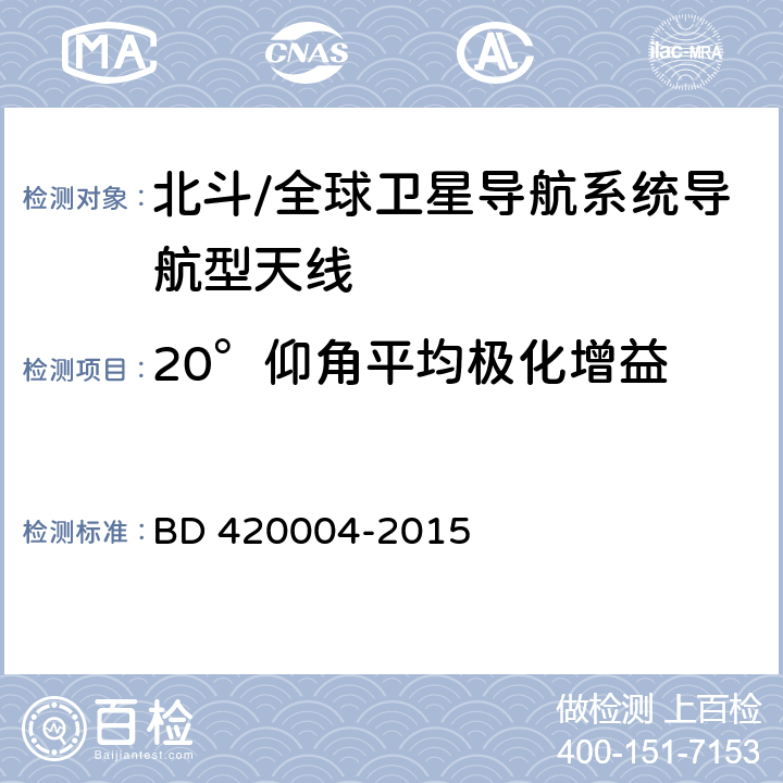 20°仰角平均极化增益 北斗/全球卫星导航系统（GNSS）导航型天线性能要求及测试方法 BD 420004-2015 4.3.6