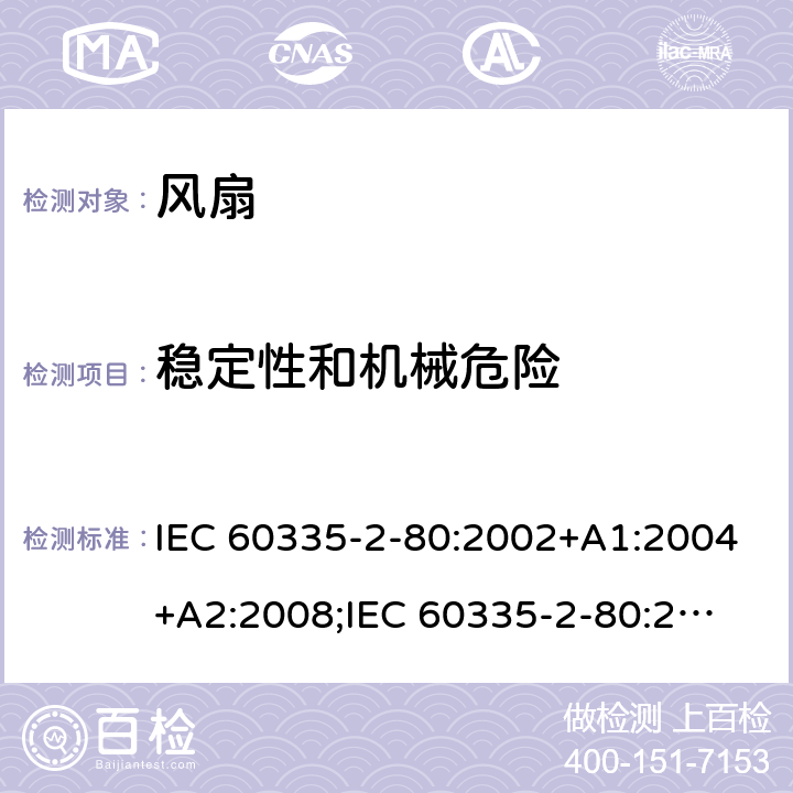 稳定性和机械危险 家用和类似用途电器的安全　第2部分：风扇的特殊要求 IEC 60335-2-80:2002+A1:2004+A2:2008;
IEC 60335-2-80:2015; 
EN 60335-2-80:2003+A1:2004+A2:2009;
GB 4706.27-2008;
AS/NZS 60335.2.80:2004+A1:2009;
AS/NZS 60335.2.80:2016 20