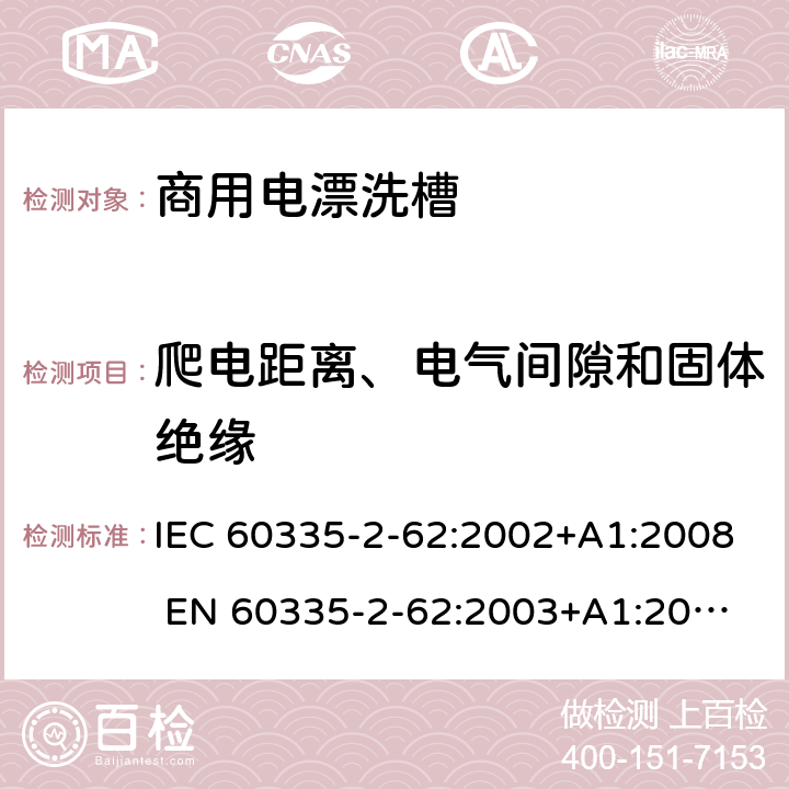 爬电距离、电气间隙和固体绝缘 家用和类似用途电器的安全 商用电漂洗槽的特殊要求 IEC 60335-2-62:2002+A1:2008 
EN 60335-2-62:2003+A1:2008
GB 4706.63-2008 29